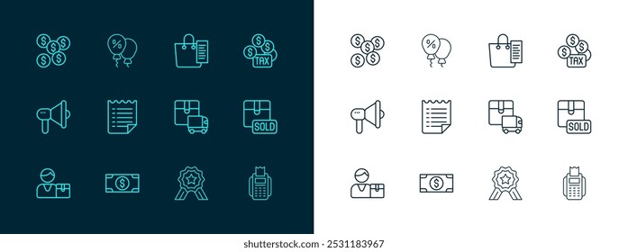 Set line Tax payment, Stacks paper money cash, Delivery cargo truck, Stars rating, Wish list template, Shopping, Dollar symbol and Discount percent tag icon. Vector