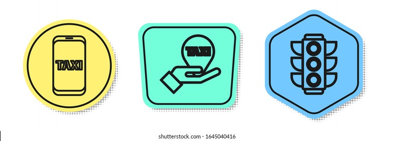 Set line Taxi call telephone service, Hand on map pointer with taxi and Traffic light. Colored shapes. Vector