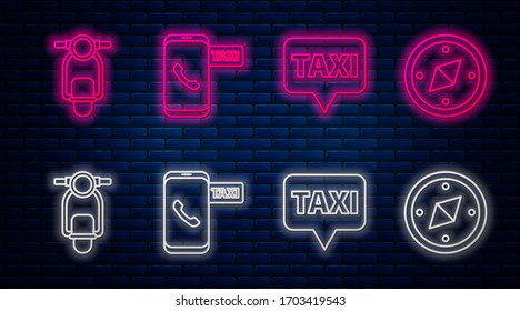 Set line Taxi call telephone service, Map pointer with taxi, Scooter and Compass. Glowing neon icon on brick wall. Vector