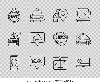Set line Taxi call telephone service, Laptop with location marker, Map pointer taxi, Stopwatch 24 hours, Cable car and Ambulance and emergency icon. Vector