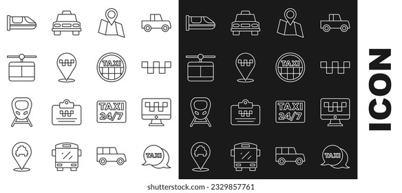 Set line Taxi call telephone service, Computer taxi, car roof, Folded map with location, Location, Cable, High-speed train and  icon. Vector