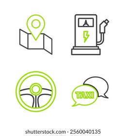 Set line Taxi call telephone service, Steering wheel, Electric car charging station and Folded map with location marker icon. Vector