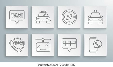 Set line Taxi call telephone service, car, Cable, Map pointer with taxi, Compass,  and  icon. Vector