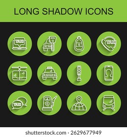 Set line Taxi call telephone service, Petrol or Gas station, Laptop taxi, Location the globe, Tram and railway, car,  and Traffic light icon. Vector