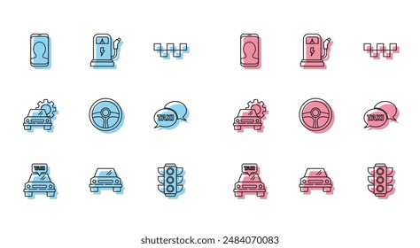 Set line Taxi car, Car, call telephone service, Traffic light, Steering wheel,  and Electric charging station icon. Vector