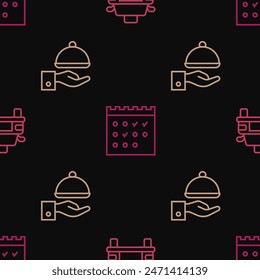 Set line Taxi car, Covered with tray and Hotel booking calendar on seamless pattern. Vector