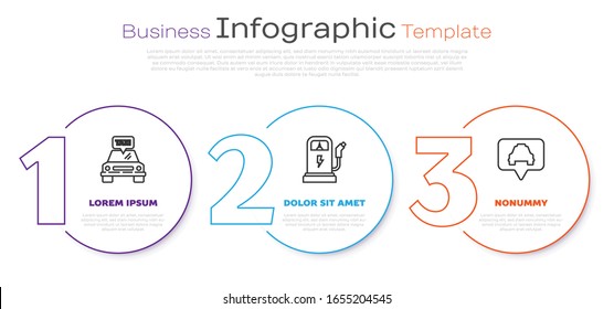 Set line Taxi car, Electric car charging station and Map pointer with taxi. Business infographic template. Vector