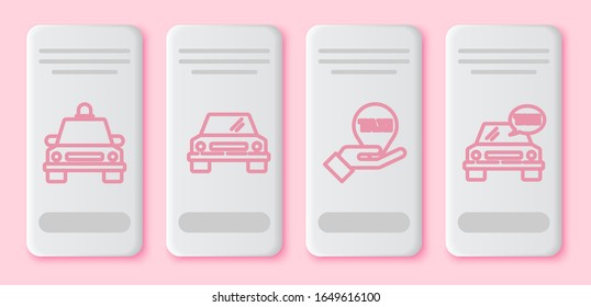 Set line Taxi car, Car, Hand on map pointer with taxi and Taxi car. White rectangle button. Vector