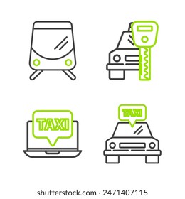 Set line Taxi car, Laptop call taxi service, Car rental and Tram and railway icon. Vector