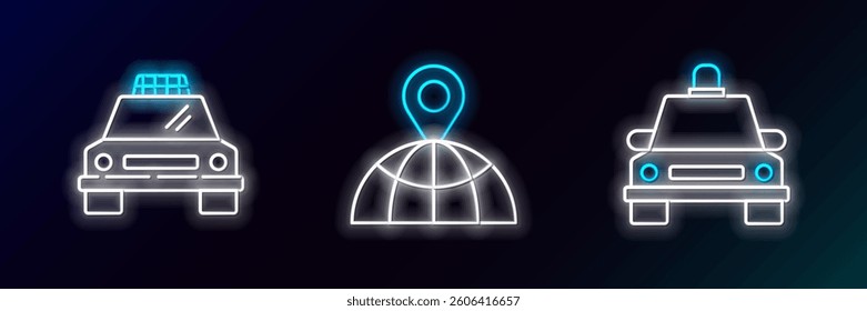Set line Taxi car,  and Location on the globe icon. Glowing neon. Vector