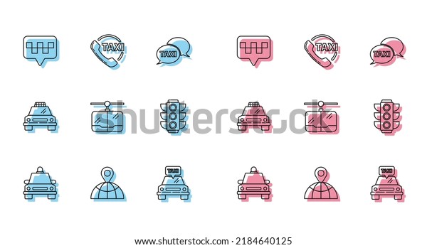 Set line Taxi car, Location on the globe, Map\
pointer with taxi, Cable, Traffic light,  and call telephone\
service icon. Vector