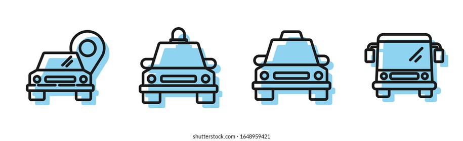 Set line Taxi car, Map pointer with taxi, Taxi car and Bus icon. Vector
