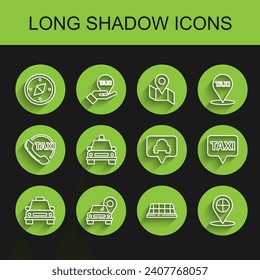 Set line Taxi car, Map pointer with taxi, Compass, roof,  and  icon. Vector