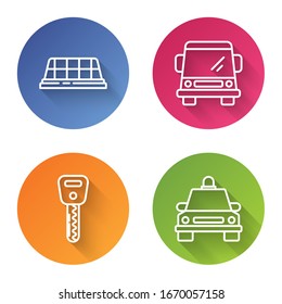 Set line Taxi car roof, Car, Car key and Taxi car. Color circle button. Vector