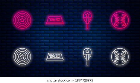 Set line Taxi car roof, Balloons, American star shield and Baseball ball. Glowing neon icon on brick wall. Vector