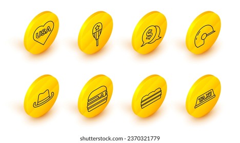 Set line Taxi car roof, Sandwich, Burger, Western cowboy hat, Baseball helmet, Coin money with dollar, Balloons and USA Independence day icon. Vector