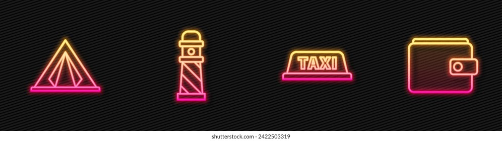 Set line Taxi car roof, Tourist tent, Lighthouse and Wallet. Glowing neon icon. Vector