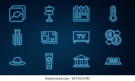 Set line Taxi car roof, Money exchange, Calendar, Passport with visa stamp, Suitcase, Photo, Smart Tv and Road traffic sign icon. Vector