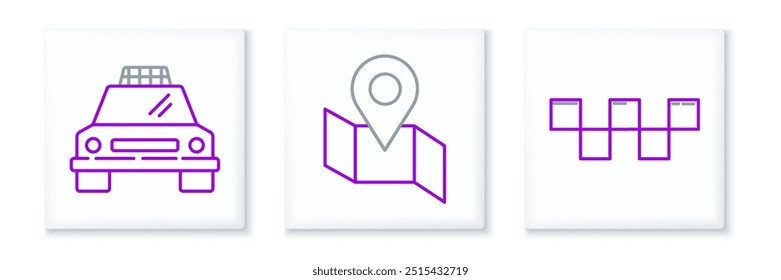 Set line Taxi car roof,  and Folded map with location marker icon. Vector