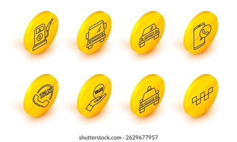 Set line Taxi car roof, Hand on map pointer with taxi, call telephone service, Car,  and Petrol or Gas station icon. Vector
