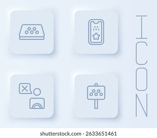 Set line Taxi car roof, mobile app, driver and Road sign for taxi stand. White square button. Vector