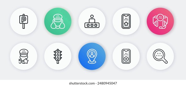 Fijar línea Taxi cliente, servicio telefónico de llamadas, calificación, App móvil, taxi de Búsqueda y semáforo icono. Vector