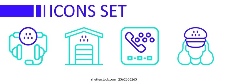 Set line Taxi driver, call telephone service, Garage for taxi car and  icon. Vector