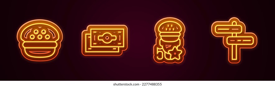 Set line Taxi driver cap, Stacks paper money cash, service rating and Road traffic sign. Glowing neon icon. Vector