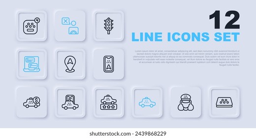 Set line Taxi driver, car roof, Location taxi, mobile app,  and service rating icon. Vector