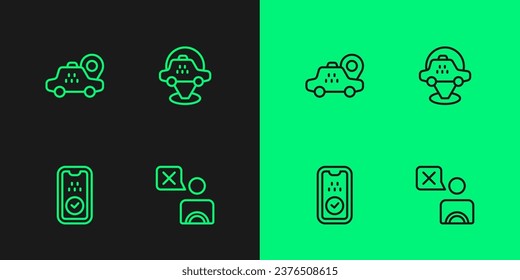 Set line Taxi driver, mobile app, Location taxi car and  icon. Vector