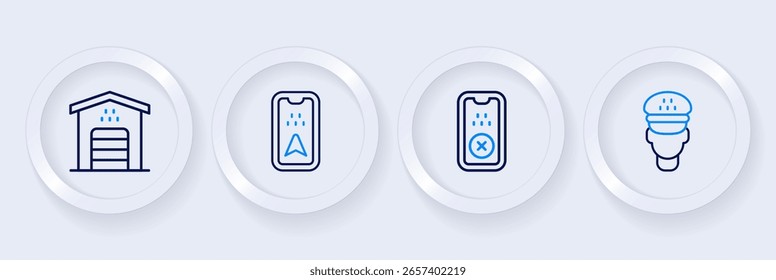 Fije el conductor del taxi de la línea, App móvil, infografía del mapa de la ciudad y del garaje para el icono del coche del taxi. Vector