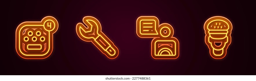 Establecer línea de aplicación móvil Taxi, Wrench spanner, driver y . Icono de neón brillante. Vector