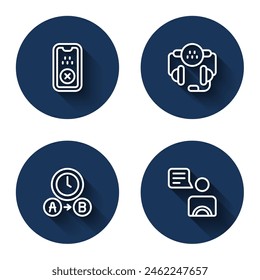 Set line Taxi mobile app, call telephone service, waiting time and driver with long shadow. Blue circle button. Vector