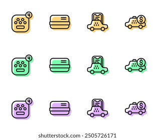Set line Taxi mobile app, Credit card and Taximeter device icon. Vector