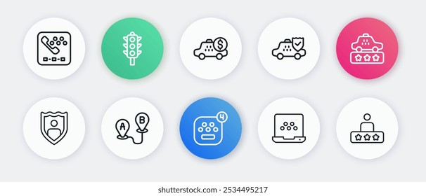 App móvil del taxi, calificación del servicio, seguro de vida con el escudo, coche, dispositivo del taxímetro, e icono de la ubicación de la ruta. Vector