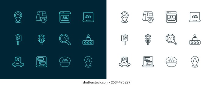 Set line Taxi mobile app, Search taxi, driver cap, Traffic light, Location car and  icon. Vector