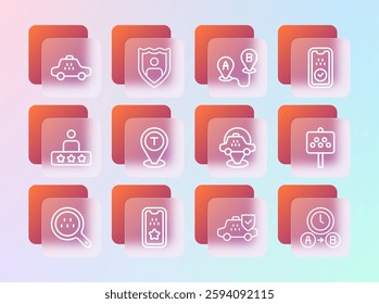 Set line Taxi mobile app, Location taxi car, insurance, Route location,  and Life with shield icon. Vector