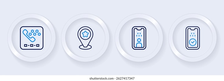 Set line Taxi mobile app, driver license, Location with star and call telephone service icon. Vector