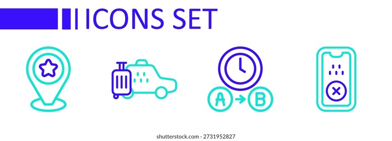 Definir linha Táxi aplicativo móvel, tempo de espera, carro e localização com ícone de estrela. Vetor
