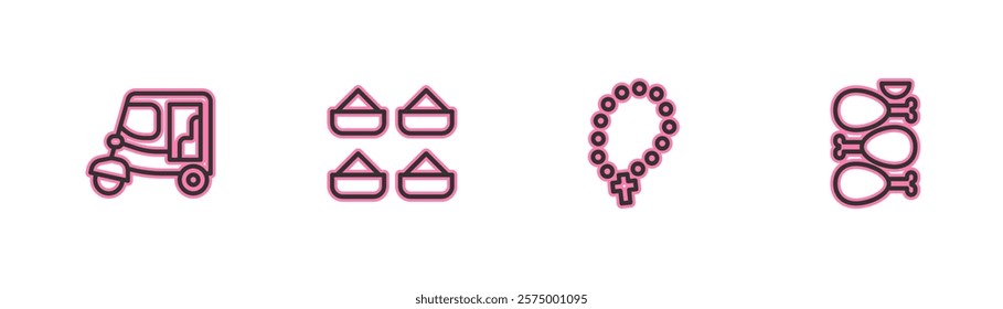 Set line Taxi tuk tuk, Rosary beads religion, Indian spice and Tandoori chicken icon. Vector