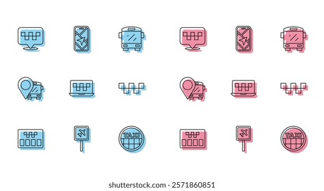 Set line Taximeter, Airport, Location with taxi, car roof, Laptop call service, bus and City map navigation icon. Vector