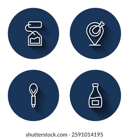 Set line Tea bag, Chicken leg, Spoon and Sauce bottle with long shadow. Blue circle button. Vector