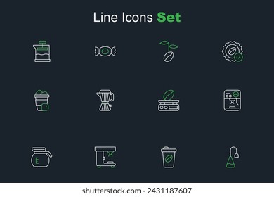 Set line Tea bag, Coffee cup to go, machine, pot, Electronic coffee scales, maker moca and Iced icon. Vector