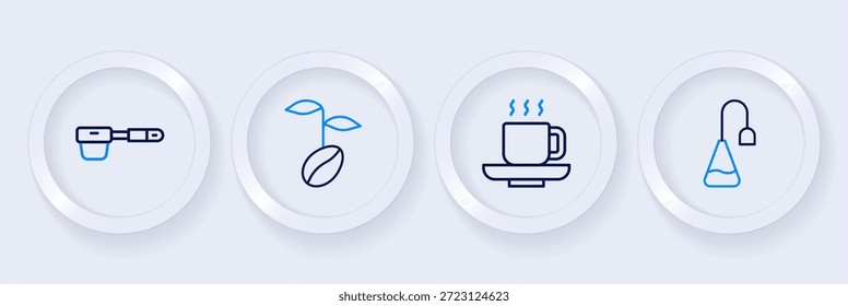 Set línea Bolsa de té, taza de café, frijoles y Filtrar titular icono. Vector