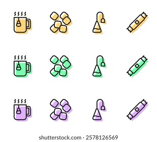 Set line Tea bag, Cup of tea with, Sugar cubes and stick packets icon. Vector