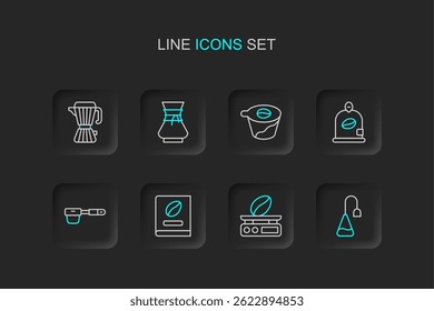 Set line Tea bag, Electronic coffee scales, Coffee book, filter holder, Bag beans, Pour over maker,  and moca pot icon. Vector