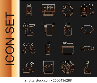 Set line Tea bag, Eye sleep mask, Lemon, Stopwatch, Towel hanger, Hair dryer, Cream or lotion cosmetic tube and Spa salt icon. Vector