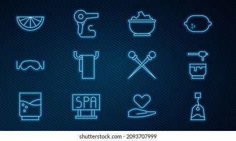 Set line Tea bag, Honey dipper stick and bowl, Sea salt in, Towel hanger, Eye sleep mask, Citrus fruit, Knitting needles and Hair dryer icon. Vector
