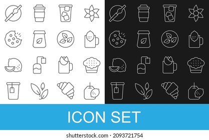 Teebeutel mit Zitrone, Muffin, Tee-Cup, Eis, Verpackung, Keks oder Keks, Zigarette und Blättersymbol. Vektorgrafik