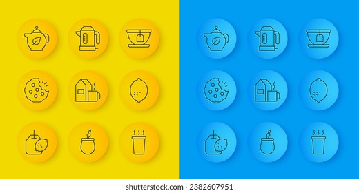 Set line Tea bag with lemon, Cookie or biscuit, Cup of tea milk, Lemon, Teapot leaf,  and Electric kettle icon. Vector